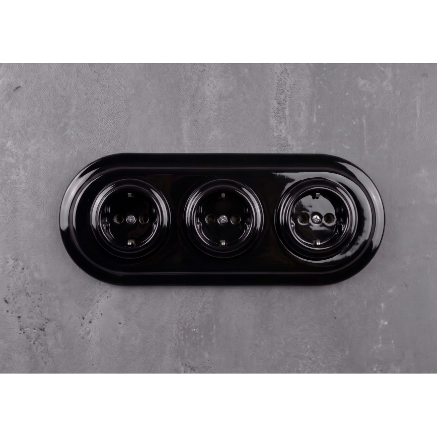 Elhard - Priză casnică ceramică retro triplă cu ramă SCHUKO 230V neagră