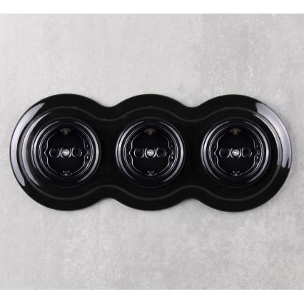 Elhard - Priză casnică retro triplă din ceramică cu ramă SCHUKO 230V neagră