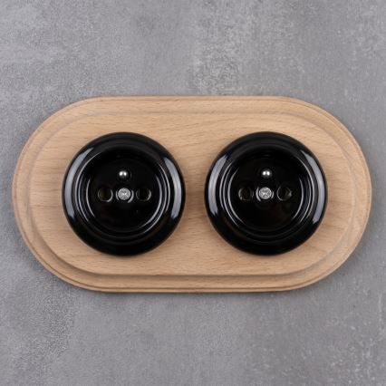 Elhard - Priză dublă ceramică retro pentru locuință cu ramă 230V negru/lemn deschis