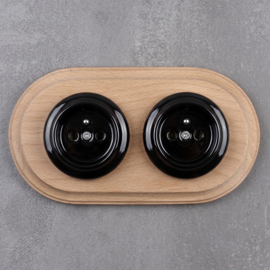 Elhard - Priză dublă ceramică retro pentru locuință cu ramă 230V negru/lemn deschis