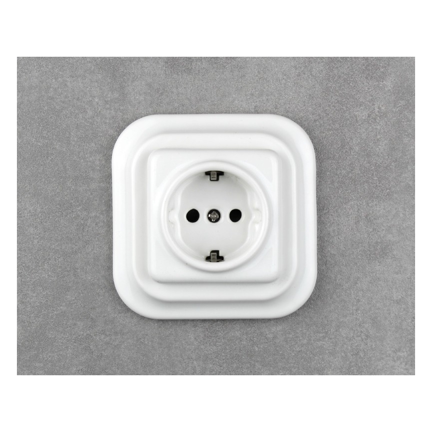 Elhard - Priză ceramică retro de perete pentru uz casnic, cu ramă SCHUKO 230V, albă
