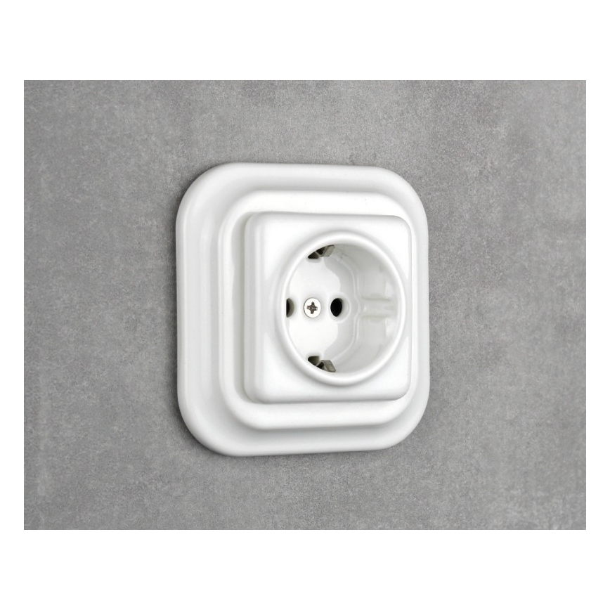 Elhard - Priză ceramică retro de perete pentru uz casnic, cu ramă SCHUKO 230V, albă