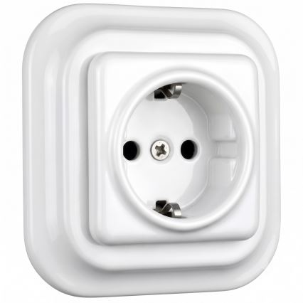 Elhard - Priză ceramică retro de perete pentru uz casnic, cu ramă SCHUKO 230V, albă