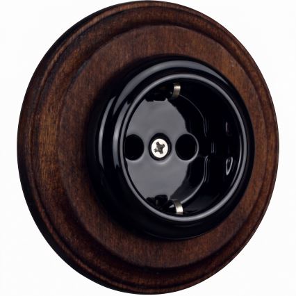 Elhard - priză ceramică retro de perete pentru uz casnic cu ramă SCHUKO 230V negru/lemn închis