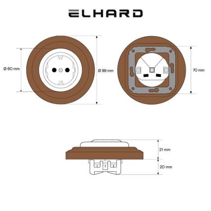 Elhard - priză ceramică retro de perete pentru uz casnic cu ramă SCHUKO 230V negru/lemn închis