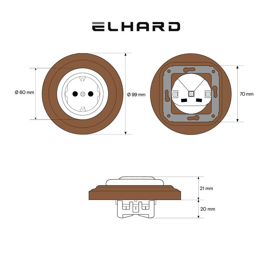 Elhard - priză ceramică retro de perete pentru uz casnic cu ramă SCHUKO 230V negru/lemn închis