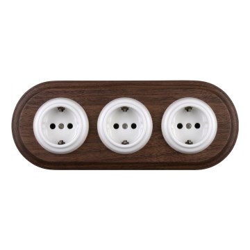 Elhard - Priză ceramică retro triplă de perete cu ramă SCHUKO 230V alb/lemn închis