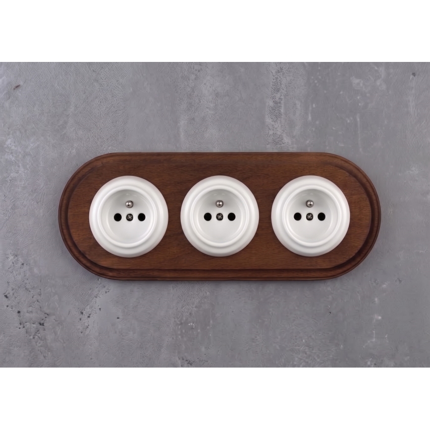 Elhard - Priză ceramică retro triplă pentru locuință cu ramă 230V alb/lemn închis