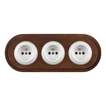 Elhard - Priză ceramică retro triplă pentru locuință cu ramă 230V alb/lemn închis