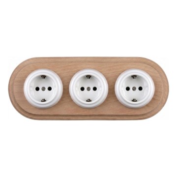 Elhard - Priză ceramică retro triplă pentru locuință cu ramă SCHUKO 230V alb/lemn deschis