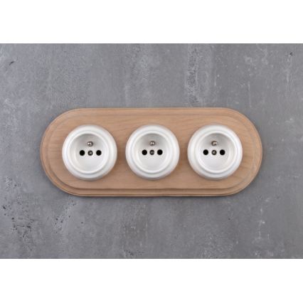 Elhard - Priză retro triplă din ceramică pentru locuință, cu ramă, 230V, alb/lemn deschis