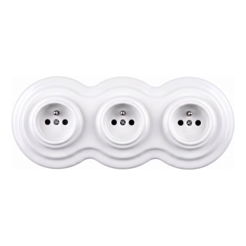 Elhard - Priză ceramică retro triplă pentru uz casnic, cu ramă, 230V, albă