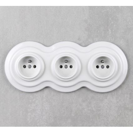 Elhard - Priză ceramică retro triplă pentru uz casnic, cu ramă, 230V, albă
