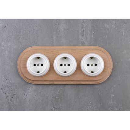 Elhard - Priză ceramică retro triplă pentru locuință cu ramă SCHUKO 230V alb/lemn deschis