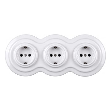 Elhard - Priză ceramică retro triplă pentru uz casnic cu ramă SCHUKO 230V albă