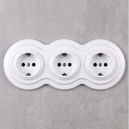 Elhard - Priză ceramică retro triplă pentru uz casnic cu ramă SCHUKO 230V albă