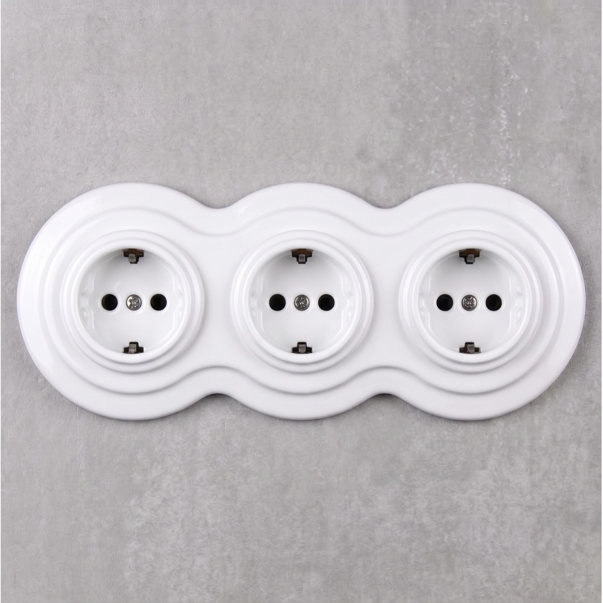 Elhard - Priză ceramică retro triplă pentru uz casnic cu ramă SCHUKO 230V albă