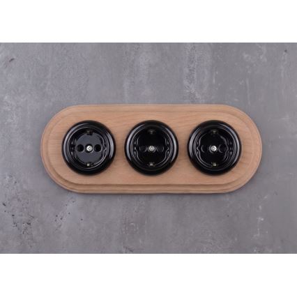 Elhard - Priză triplă ceramică retro pentru uz casnic, cu ramă SCHUKO 230V, negru/lemn deschis