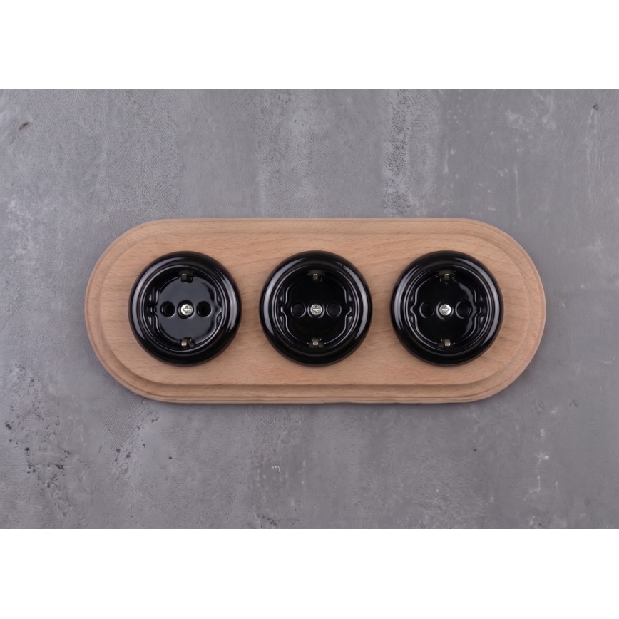 Elhard - Priză triplă ceramică retro pentru uz casnic, cu ramă SCHUKO 230V, negru/lemn deschis