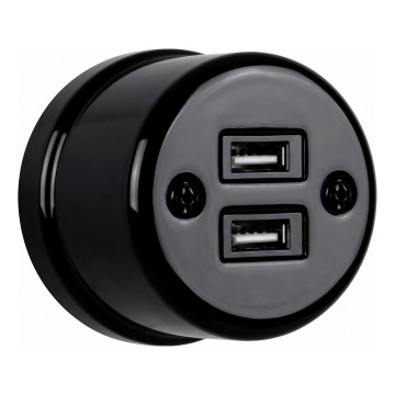 Elhard - Priză de perete retro din ceramică cu 2x USB-A, neagră