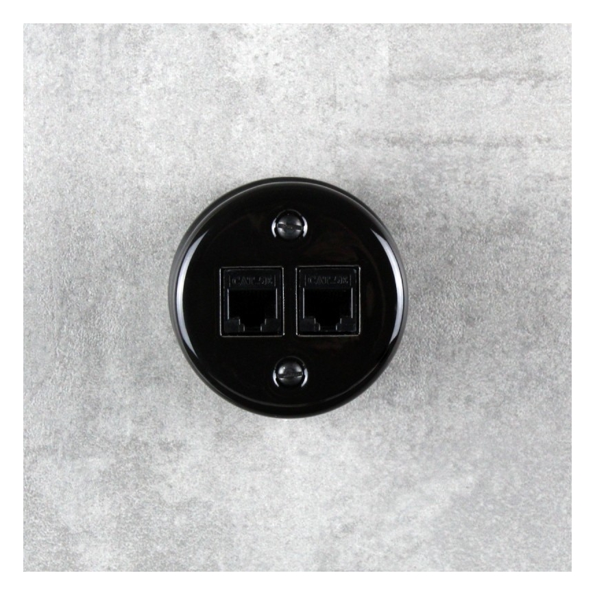 Elhard - Priză de perete retro din ceramică pentru date, 2x RJ45, neagră