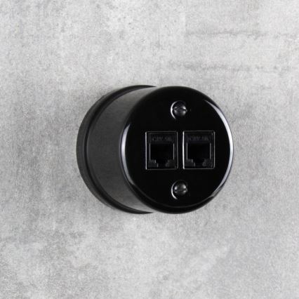 Elhard - Priză de perete retro din ceramică pentru date, 2x RJ45, neagră