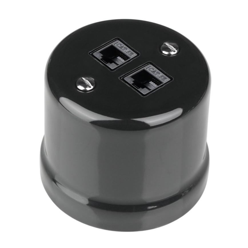 Elhard - Priză de perete retro din ceramică pentru date, 2x RJ45, neagră
