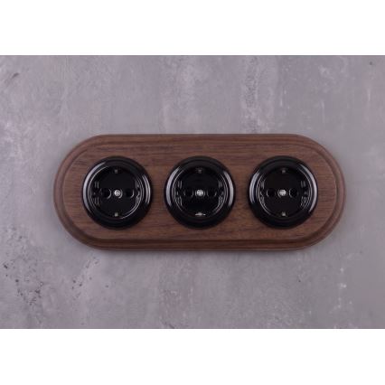 Elhard - Priză triplă ceramică retro pentru uz casnic cu ramă SCHUKO 230V negru/lemn închis