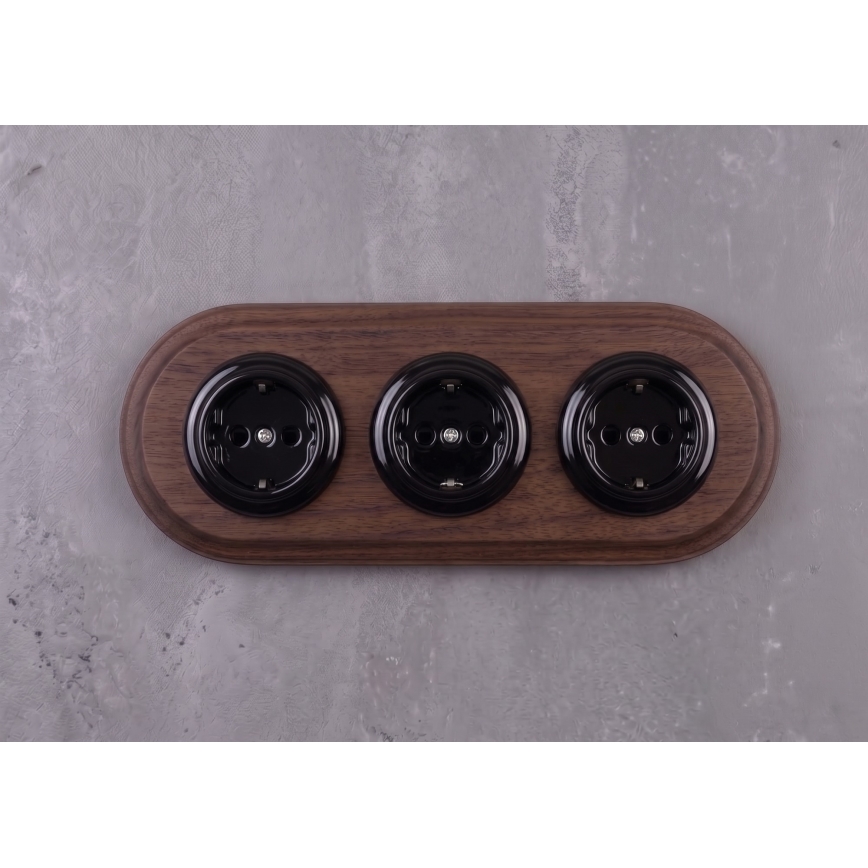 Elhard - Priză triplă ceramică retro pentru uz casnic cu ramă SCHUKO 230V negru/lemn închis