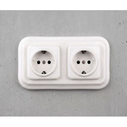 Elhard - Priză dublă ceramică retro cu ramă SCHUKO, 230 V, albă