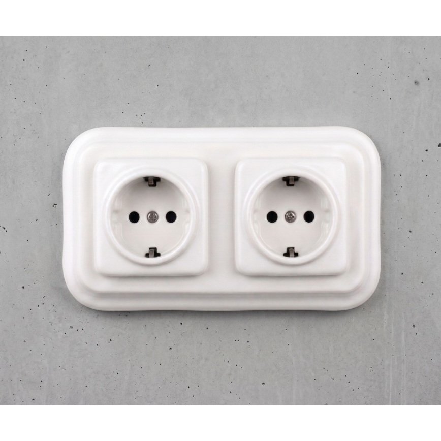 Elhard - Priză dublă ceramică retro cu ramă SCHUKO, 230 V, albă