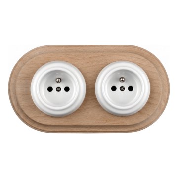 Elhard - Priză dublă ceramică retro de perete cu ramă 230V alb/lemn deschis
