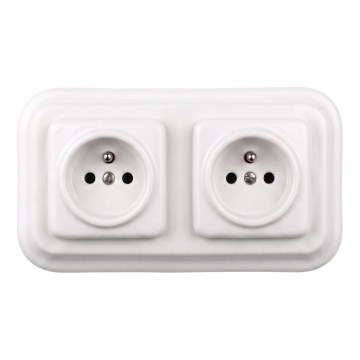 Elhard - Priză dublă ceramică retro de perete, cu ramă, 230V, albă