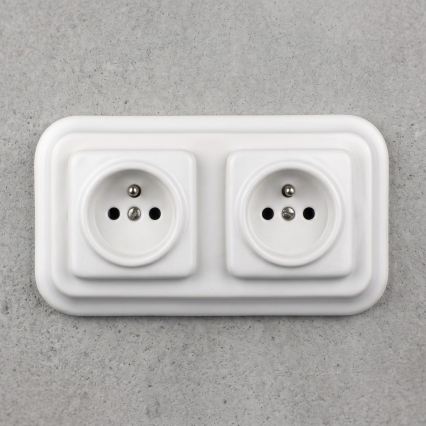 Elhard - Priză dublă ceramică retro de perete, cu ramă, 230V, albă