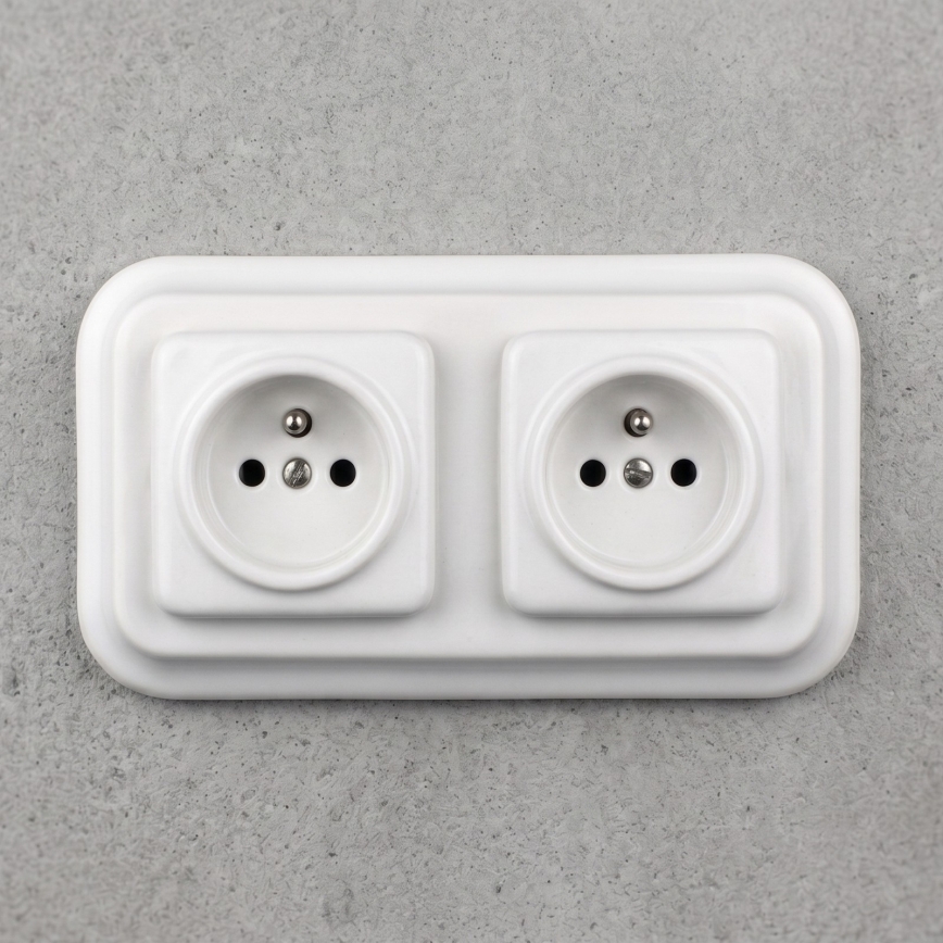 Elhard - Priză dublă ceramică retro de perete, cu ramă, 230V, albă