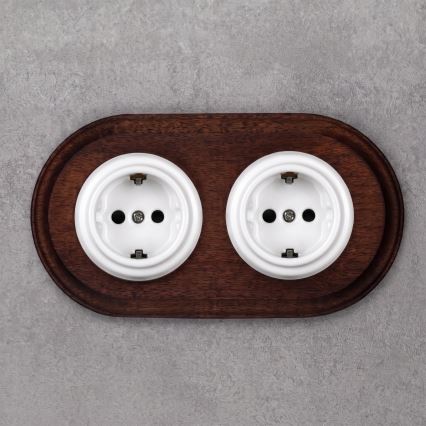 Elhard - Priză dublă ceramică retro pentru locuință cu ramă SCHUKO 230V alb/lemn închis