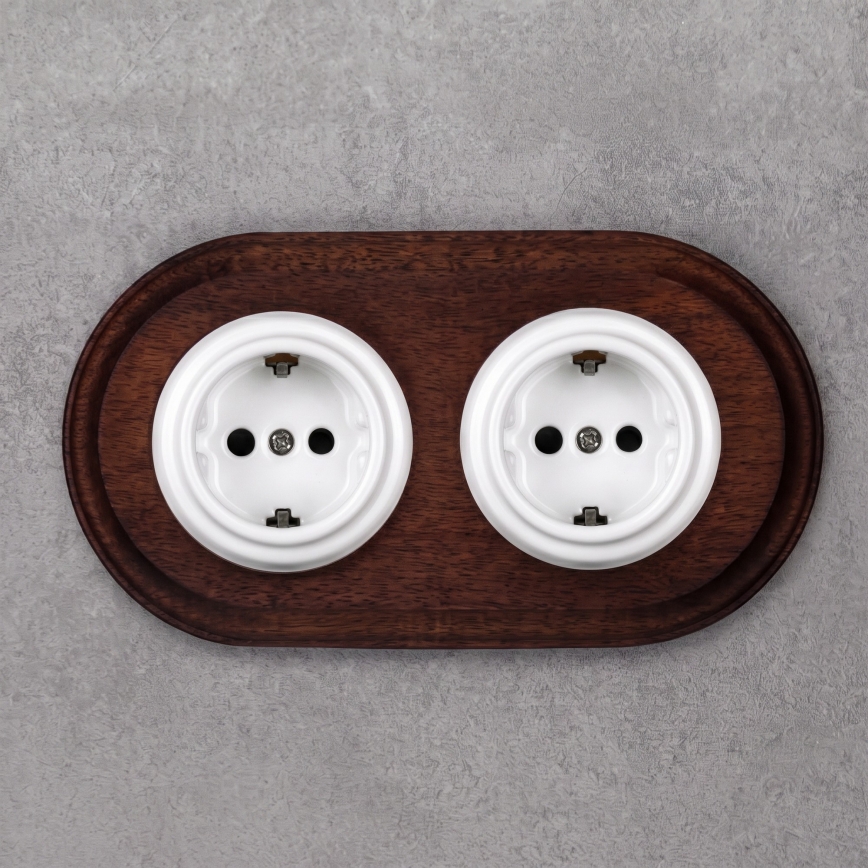 Elhard - Priză dublă ceramică retro pentru locuință cu ramă SCHUKO 230V alb/lemn închis