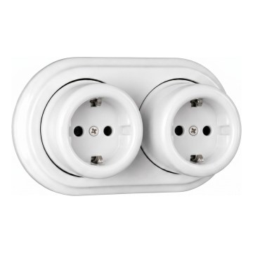 Elhard - Priză dublă ceramică retro de perete, cu ramă, SCHUKO 230V, albă