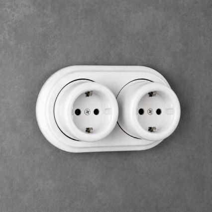 Elhard - Priză dublă ceramică retro de perete, cu ramă, SCHUKO 230V, albă