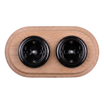 Elhard - Priză dublă ceramică retro de perete cu ramă SCHUKO 230V, negru/lemn deschis
