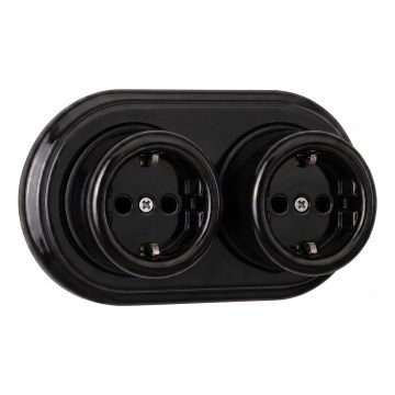 Elhard - Priză dublă ceramică retro de perete pentru uz casnic, cu ramă SCHUKO 230V, neagră