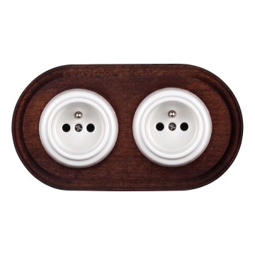 Elhard - Priză dublă ceramică retro pentru casă, cu ramă, 230V, alb/lemn închis