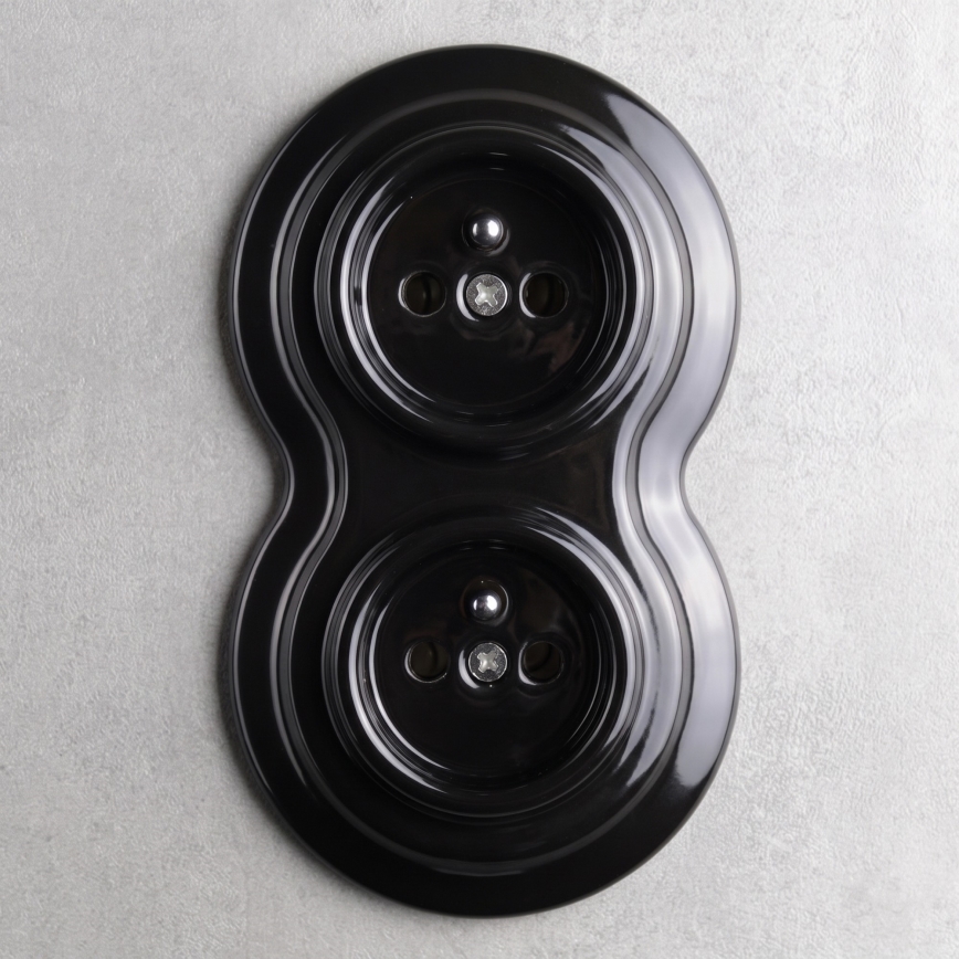 Elhard - Priză dublă ceramică retro pentru casă, cu ramă 230V neagră