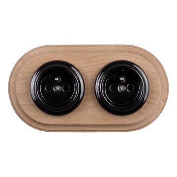 Elhard - Priză dublă ceramică retro pentru locuință cu ramă 230V negru/lemn deschis