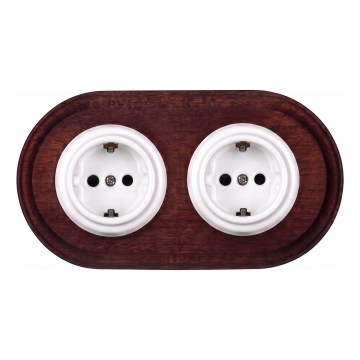 Elhard - Priză dublă ceramică retro pentru locuință cu ramă SCHUKO 230V alb/lemn închis