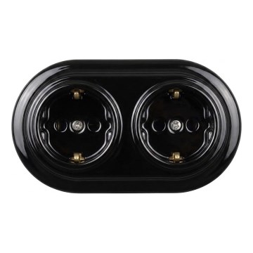 Elhard - Priză dublă ceramică retro pentru locuință cu ramă SCHUKO 230V neagră