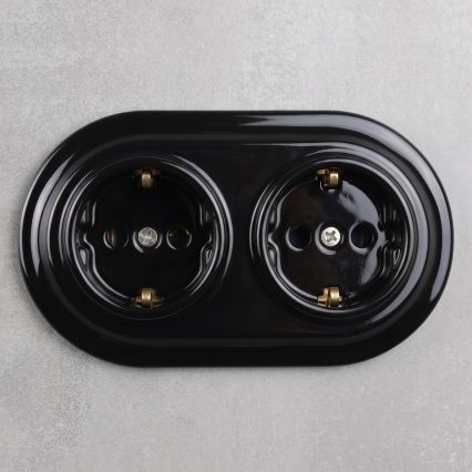 Elhard - Priză dublă ceramică retro pentru locuință cu ramă SCHUKO 230V neagră