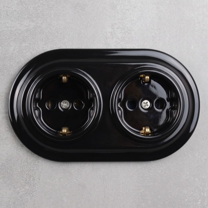 Elhard - Priză dublă ceramică retro pentru locuință cu ramă SCHUKO 230V neagră