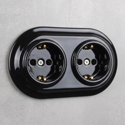 Elhard - Priză dublă ceramică retro pentru locuință cu ramă SCHUKO 230V neagră