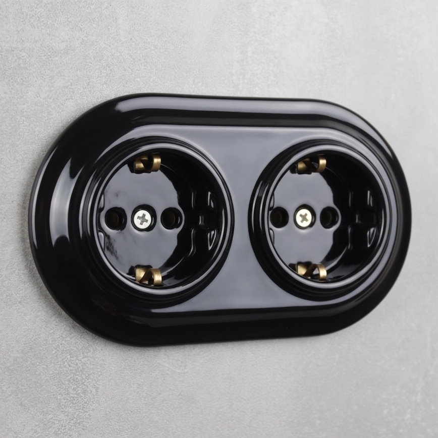 Elhard - Priză dublă ceramică retro pentru locuință cu ramă SCHUKO 230V neagră